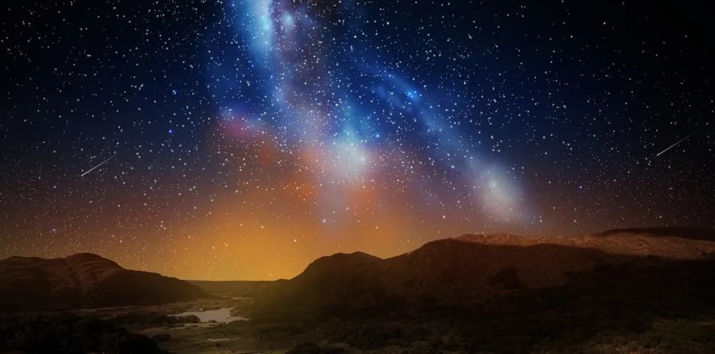 A dramatic ancient-meets-cosmic scene