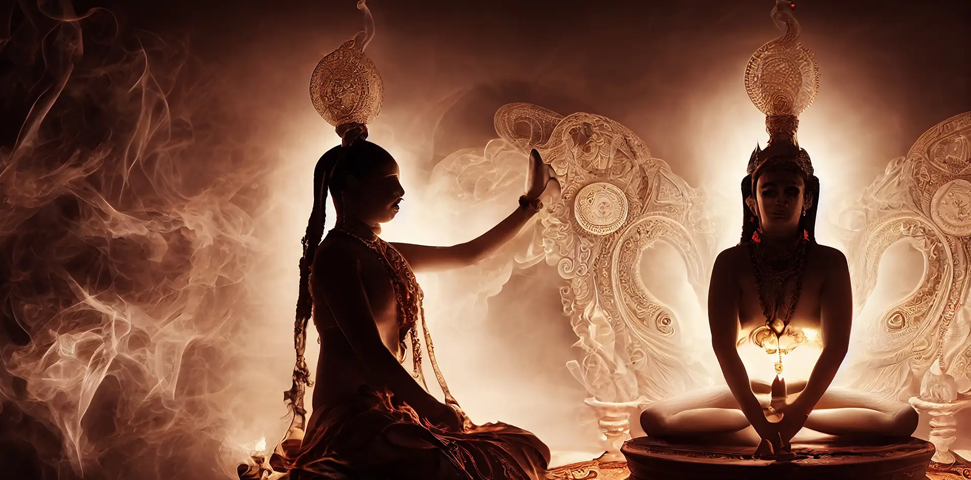 A wide panoramic image of an ancient spiritual scroll with glowing golden light, representing the path to awakening and the God of Energy.