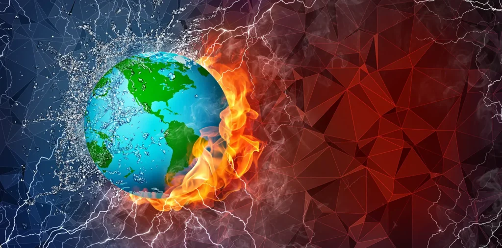 A wide panoramic digital art piece showing a glowing "Star of Light" energy center inside a human silhouette against a backdrop of a turbulent, dark global map.