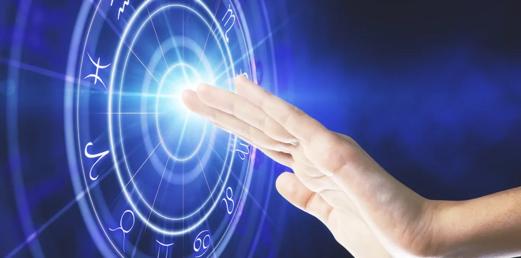 A wide panoramic view of a deep blue galaxy with a subtle geometric star alignment, representing the cosmic revelation and harmony of the Age of Aquarius.