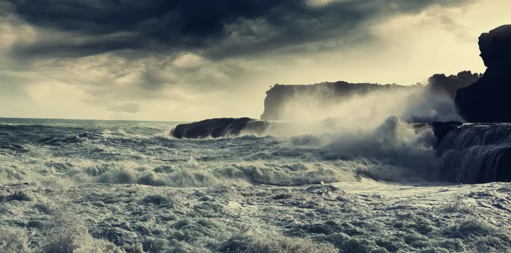 A cinematic panoramic view of a massive tidal wave and a futuristic submarine vessel, representing the hidden history of the Great Flood.
