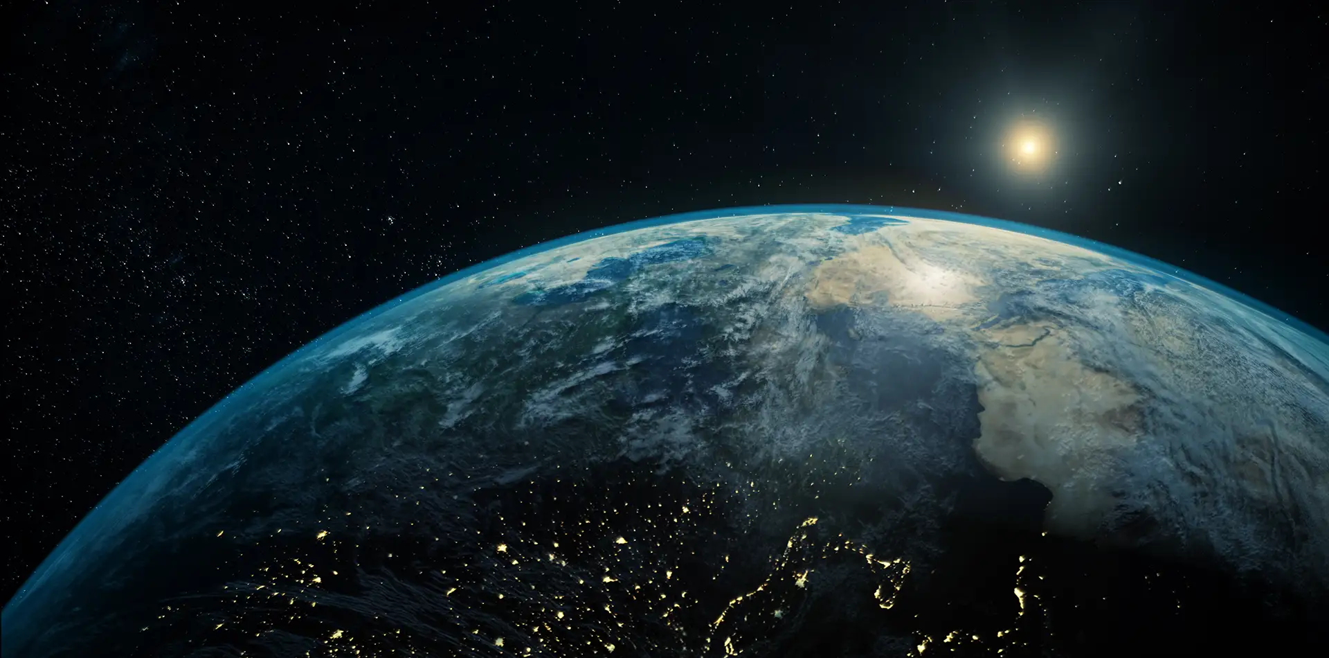 A cinematic panoramic view of Earth from space with a brilliant golden light star and glowing energy trails, symbolizing global peace and spiritual transformation for 2026.
