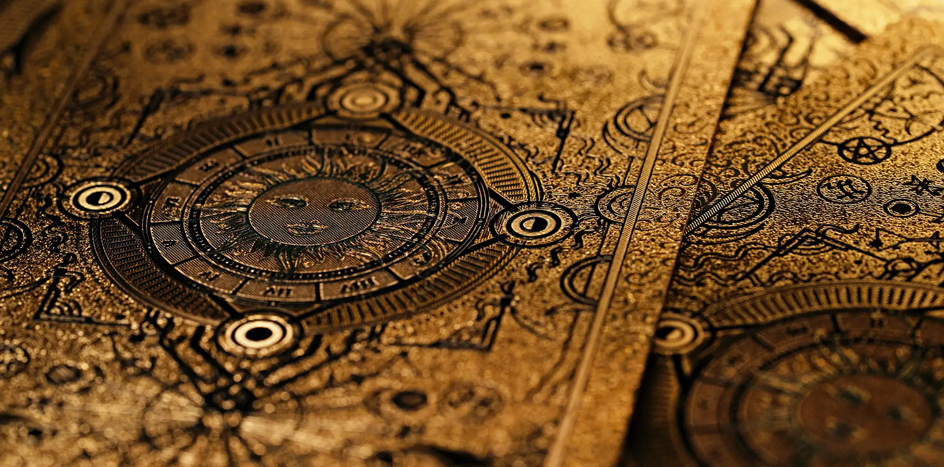 A wide panoramic view showing sacred geometry patterns like the phi ratio and star tetrahedron overlaid on a cosmic nebula background.