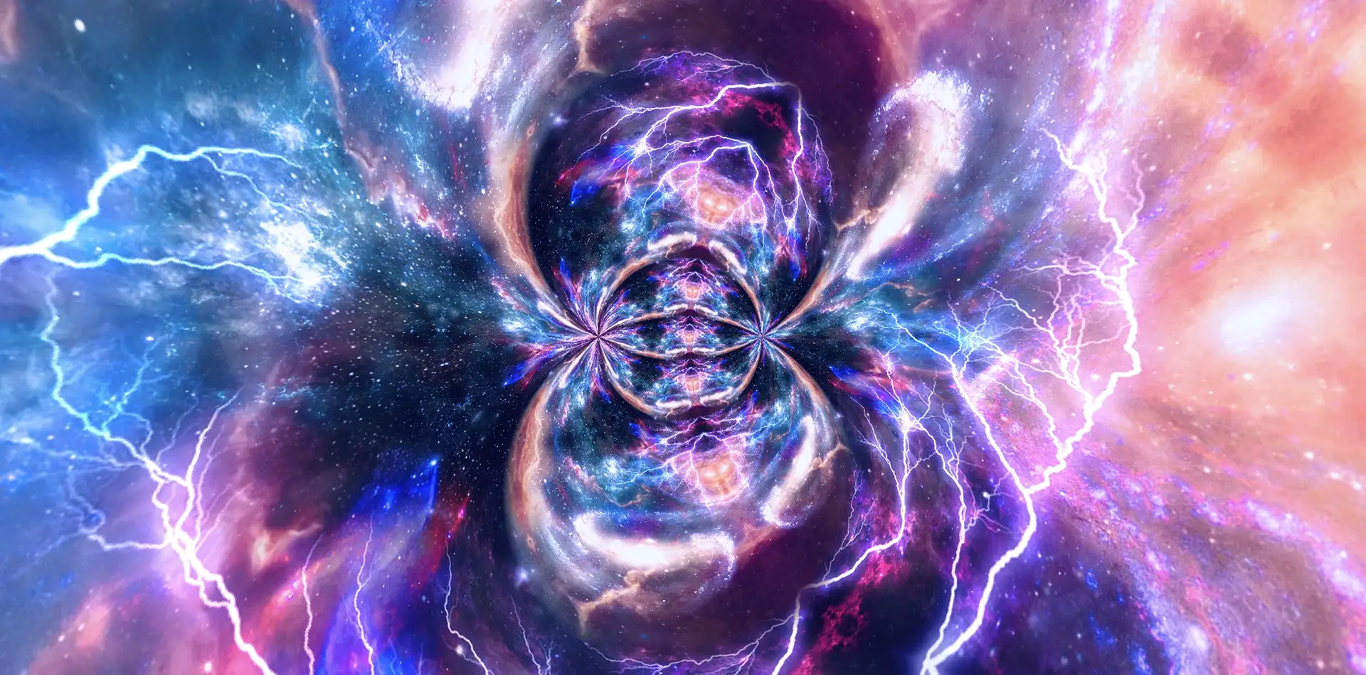 A wide panoramic abstract image showing a spectrum of colors rising from dark red to brilliant white light, representing the scale of human consciousness.