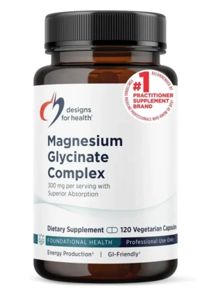 Amber bottle of Designs for Health Magnesium Glycinate Complex for calm and muscle support.