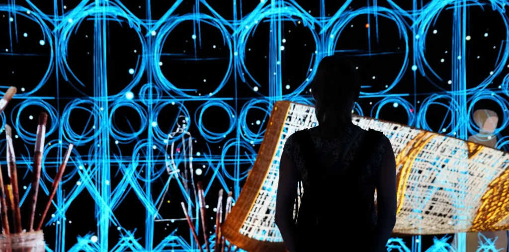 Ancient stone tablets glow with blue light, symbolizing the hidden energy and laws within universal consciousness.