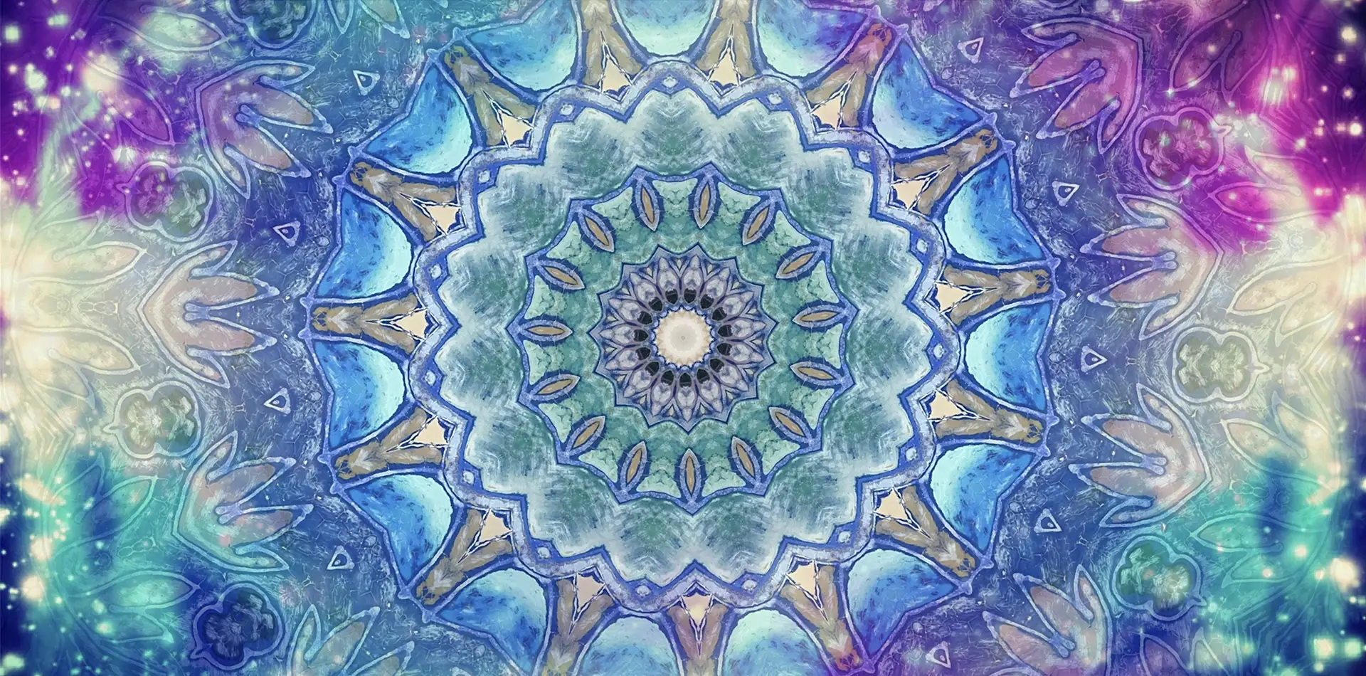 A glowing golden Flower of Life symbol floats within a dark, starry nebula, representing the universal patterns that guide the human soul.