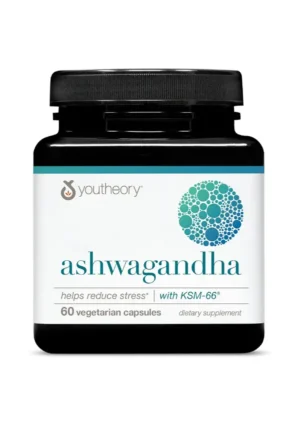 Youtheory Ashwagandha KSM-66 dietary supplement bottle for stress reduction.