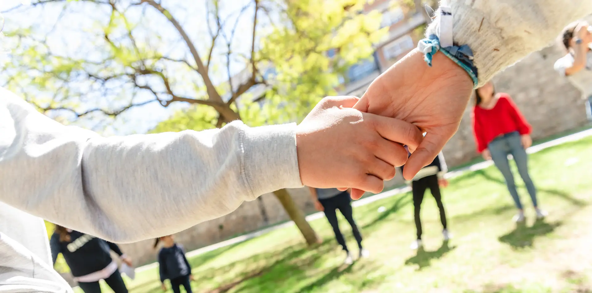 A group of diverse people standing in a circle holding hands in a sunlit field, symbolizing connection.