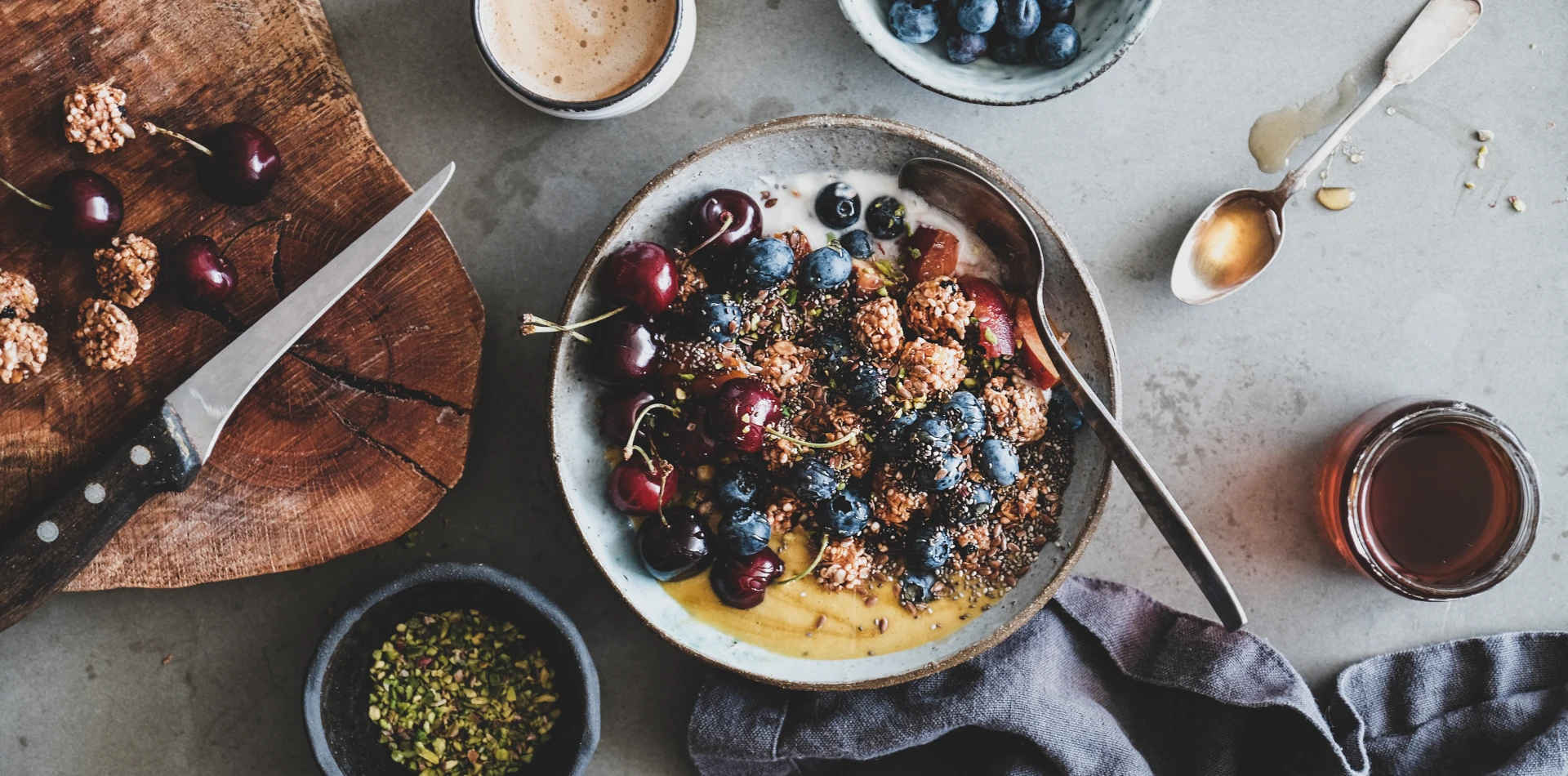 A nourishing breakfast bowl with blueberries, oats, and hemp hearts supporting daily energy and spiritual well-being
