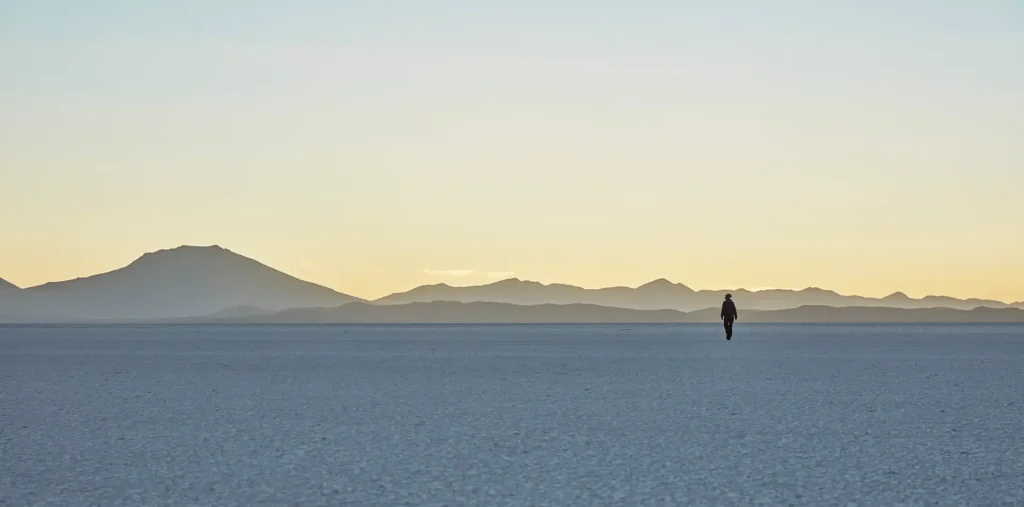 A solitary figure standing in a vast landscape bathed in warm golden light, representing a lifelong spiritual search for truth, love, and peace
