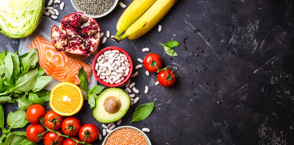 Colorful fresh vegetables and fruits representing a vegan plant-based diet and spiritual well-being