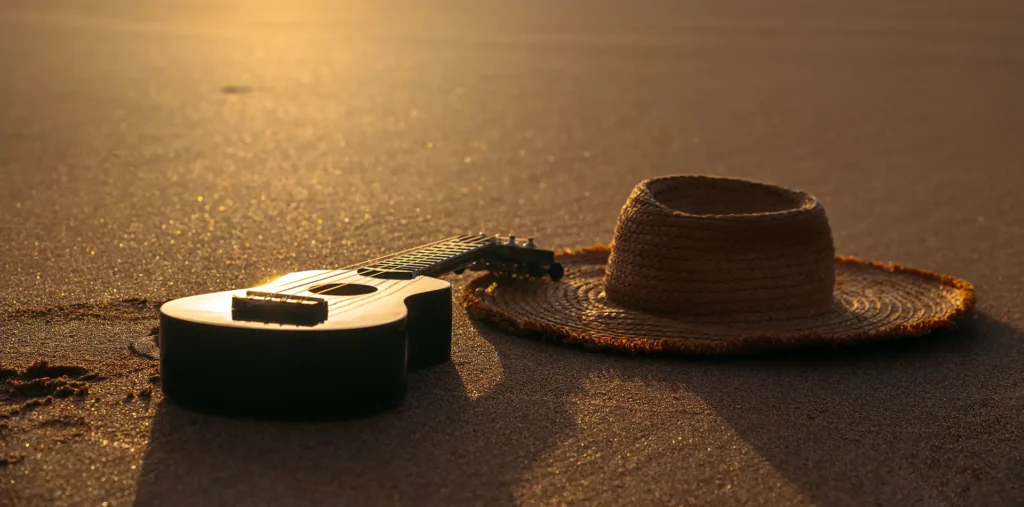 Acoustic guitar resting on the sand of a quiet tropical beach as the sun rises over the ocean