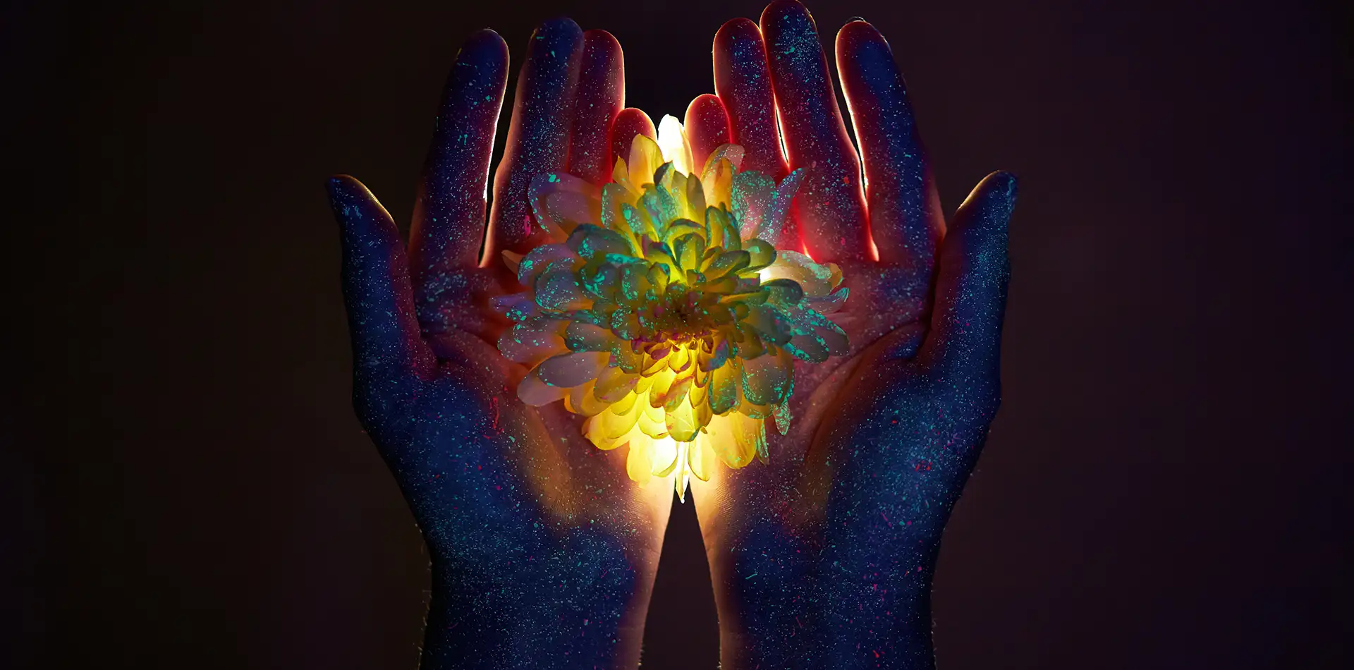 Two hands cupping a soft radiant glow of warm energy against a dark background