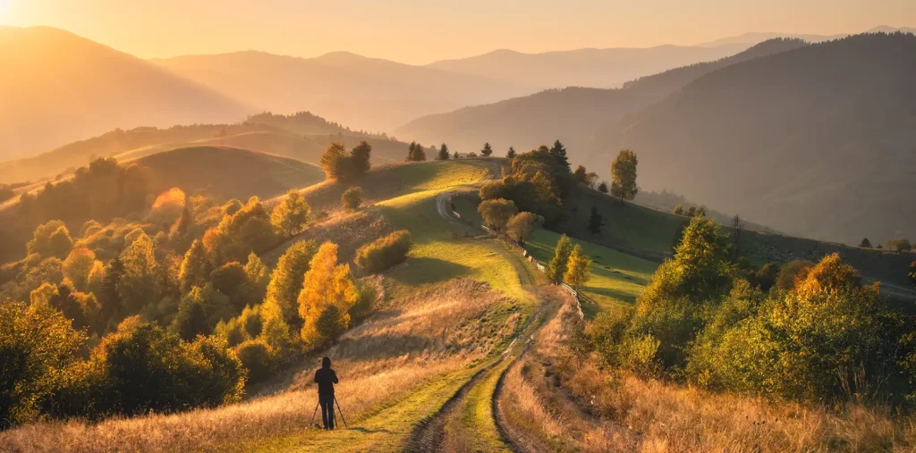 Silhouette walking a winding path at sunrise through soft golden and violet light