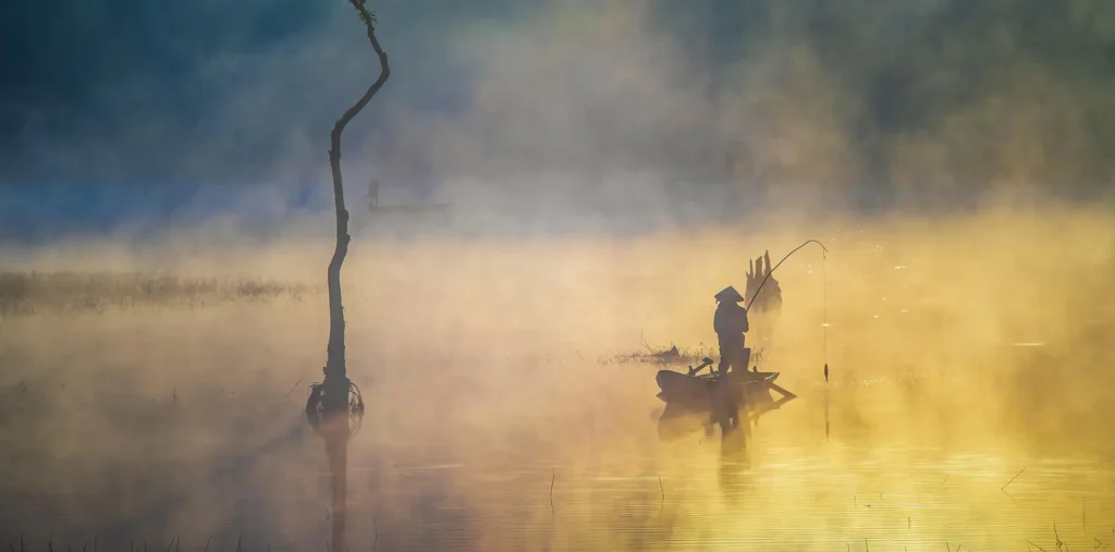 Warm golden sunrise light breaking through a serene misty landscape, symbolizing the source of life and spiritual gratitude