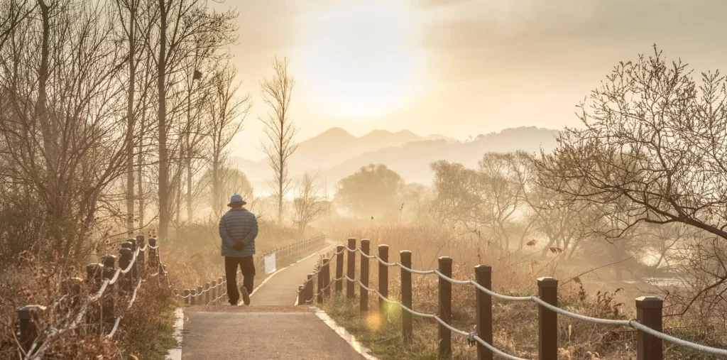 Traveler walking a winding path at sunrise, illustrating the poem by James McCrae on life as a journey