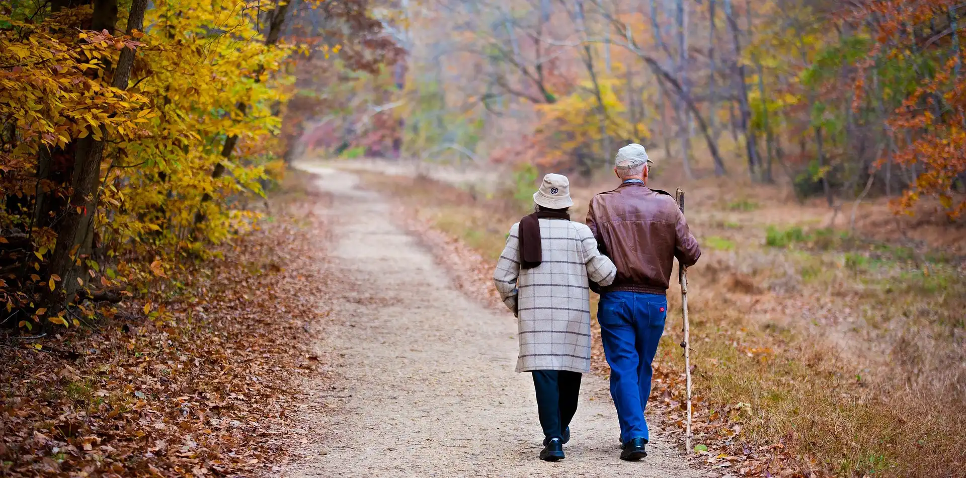 Older couple walking hand in hand along a quiet shoreline at golden hour