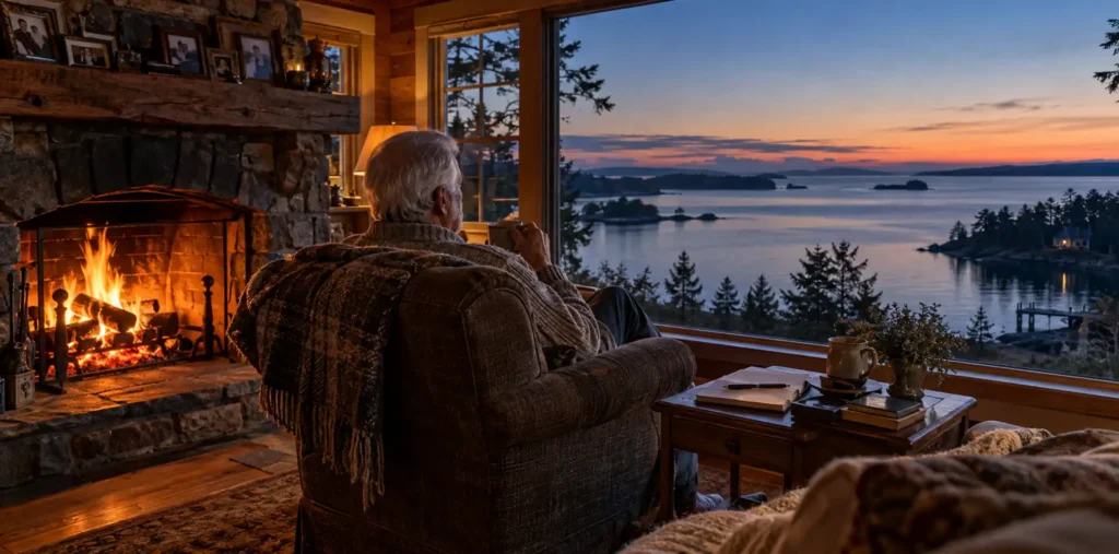 Older man sitting beside a warm fireplace at dawn, gazing out at a calm bay and reflecting on what life is all about