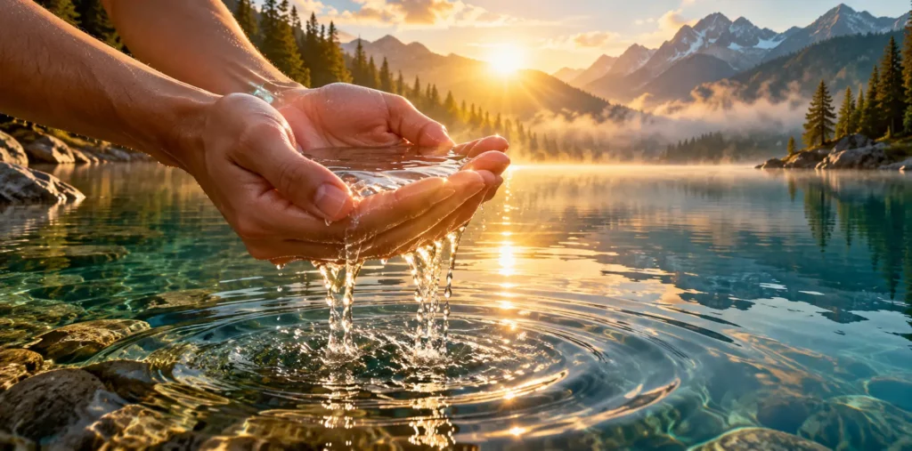 Prayer for the gift of water shown as clear flowing water glowing in soft morning sunlight