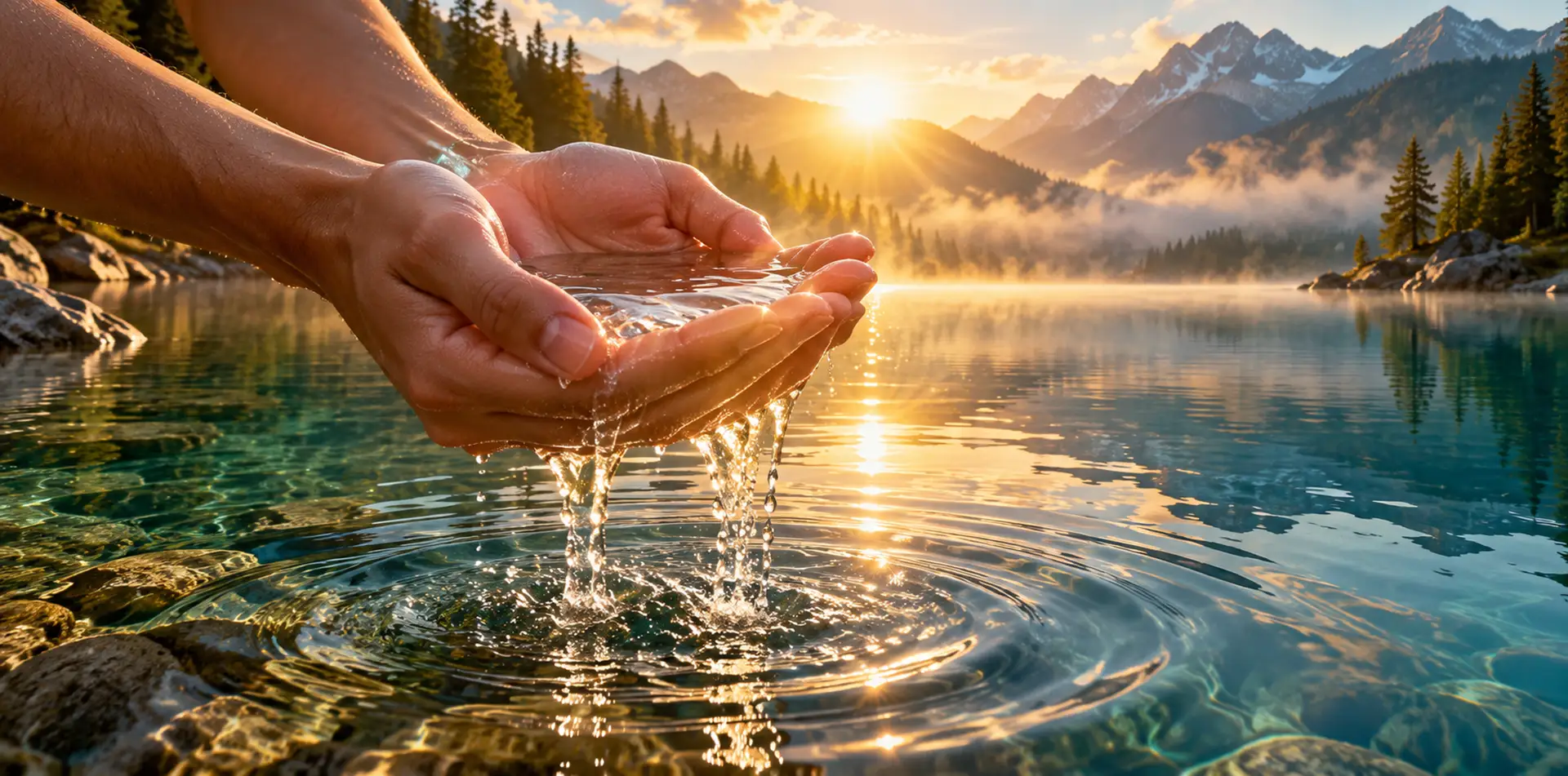 Prayer for the gift of water shown as clear flowing water glowing in soft morning sunlight