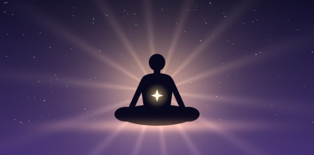 Person sitting in calm meditation with a soft golden glow at the center of the body